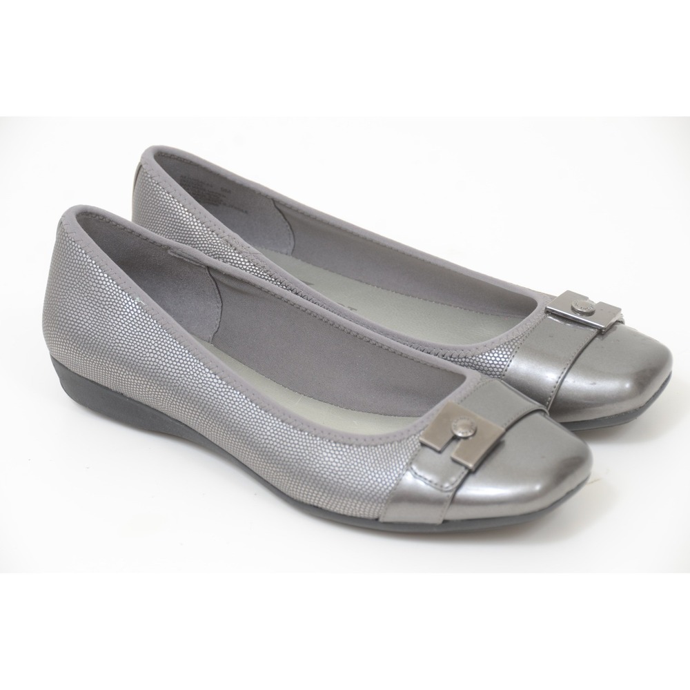Anne Klein Women's 9 Square Toe Ballet Flat Shiny Grey Vegan Leather Office Shoe
